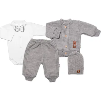 Kojenecký body Baby Nellys 5-dílná pletená sada Baby Nellys, Boy, body, kalhoty, svetr, čepička, motýlek - šedá Velikost: 68 (3-6m)