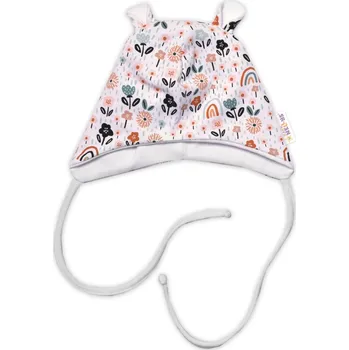 Kojenecký body Baby Nellys Kojenecká čepička s oušky na zavazování - Palouček, bílá Velikost: 56/62 (0-3m)