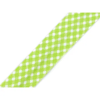 Galanterie Šikmý proužek bavlněný puntík, káro, hvězdy, jemný proužek šíře 20 mm zažehlený, barva 380900/2 zelená sv. káro