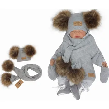 Z&Z Zimní čepice s bambulemi z kožešinky a šálou 2V1, šedá Velikost: 56-68 (0-6 m)