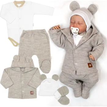 Kojenecká souprava Baby Nellys Pletená sada, Star Boy 5D, body, polodupačky, svetr, čepička, rukavičky - béžová, bílá Velikost: 74 (6-9m)