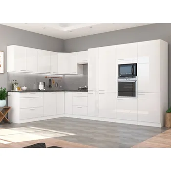 Kuchyňská linka Kuchyňská linka LARA wh | ve tvaru L | 220x370 | UNI provedení | VÝBĚR TYPU ZÁSUVEK | bílá lesk