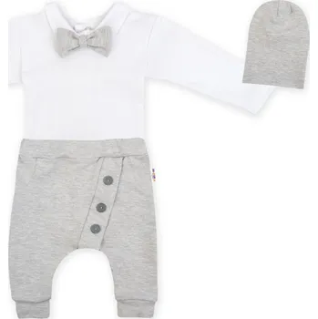 Kojenecké oblečení Baby Nellys 3-dílná sada Hubert, body s motýlkem dl.rukáv, tepláčky a čepička - šedý Velikost: 56 (1-2m)