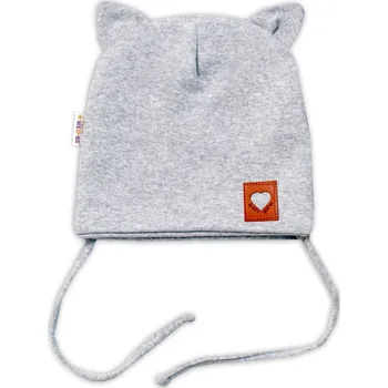Kojenecký body Baby Nellys Bavlněná dvouvrstvá čepice s oušky na zavazování FOX - šedý melírek Velikost: 56/62 (0-3m)
