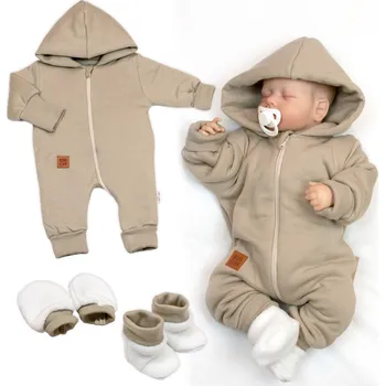 Dětská móda Baby Nellys Bavlněný oteplený overálek s kapucí, rukavičky, botky, 3D sada Nature - taupe Velikost: 56 (1-2m)