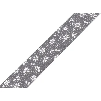 Šikmý proužek bavlněný vzorovaný šíře 20 mm zažehlený, barva 920110/4 šedá květy