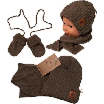 Baby Nellys Pletená čepice s šálou a rukavičky 3v1, STAR - hnědá Velikost: 56/62 (0-3m)