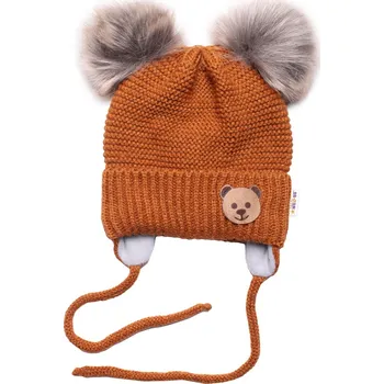 Baby Nellys Dětská zimní čepice s fleecem Teddy Bear - chlupáčk. bambulky - hnědá, šedá Velikost koj oblečení: 56-68 (0-6 m)