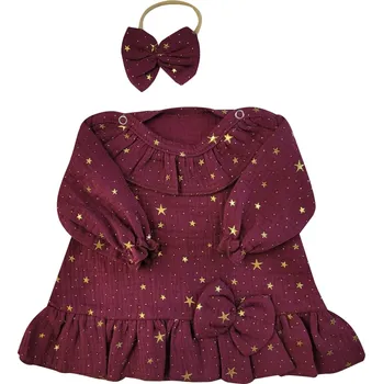Kojenecká souprava Z&Z Mušelínové šatičky s hvězdičkami + čelenka Z&Z, bordó Velikost: 62 (2-3m)