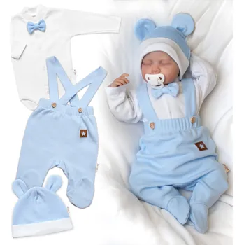 Kojenecké oblečení Baby Nellys Bavlněná souprava Gentleman 3D, body, polodupačky s láclem + čepička, modrá/bílá Velikost: 68 (3-6m)