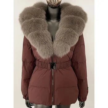 Dámská parka Best Fashion Dámská péřová bunda s páskem a límcem z liščí kožešiny Velikost: S, Barva (Varianta): Wine mocha