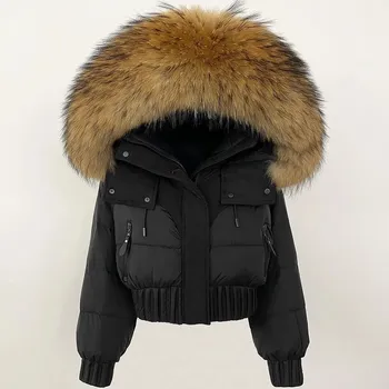 Dámská parka Best Fashion Dámská krátká péřová bunda s kapucí a límcem z mývalí kožešiny Velikost: S, Barva (Varianta): black natural
