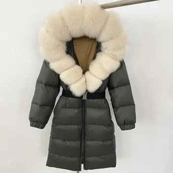 Dámská parka Best Fashion Dlouhá dámská péřová parka s páskem a širokým límcem z liščí kožešiny Velikost: S, Barva (Varianta): Green beige