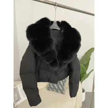 Dámská parka Best Fashion Dámská krátká péřová bunda s límcem z liščí kožešiny Velikost: M, Barva (Varianta): Ful black 1