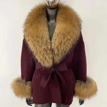 Dámský kabát Best Fashion Dámský vlněný kabát s kožešinovým límcem z mývala a lišky Velikost: S, Barva (Varianta): Wine natural