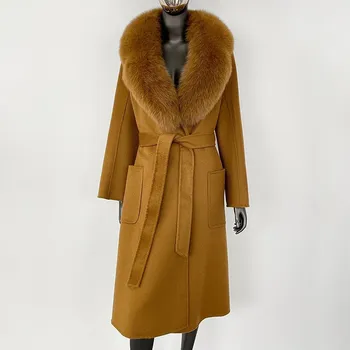 Dámský kabát Best Fashion Dámský vlněný kabát s límcem z pravé liščí kožešiny Velikost: S, Barva (Varianta): Deep camel