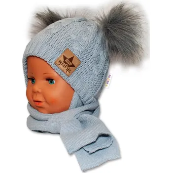 Kojenecké oblečení BABY NELLYS Zimní čepička s šálou - chlupáčkové bambulky - šedá, šedé bambulky Velikost koj oblečení: 68-86 (6-18m)