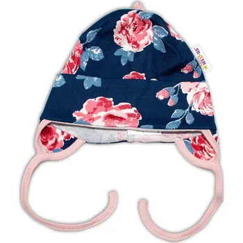 Baby Nellys Bavlněná čepička s oušky na zavazování - Růže, pudrová/granát Velikost: 50/56 (0-2m)