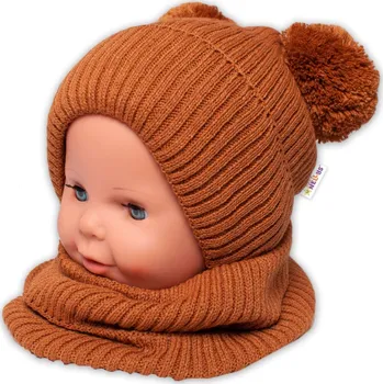 BABY NELLYS Zimní pletená čepice + nákrčník - hnědá s bambulkami Velikost koj oblečení: 92/98 (18-36m)