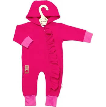 Dětská móda Baby Nellys Teplákový overal s volánkem a kapucí GIRL, Baby Nellys, amarant Velikost: 68 (3-6m)
