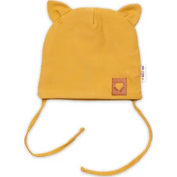 Baby Nellys Bavlněná dvouvrstvá čepice s oušky na zavazování FOX - hořčicová Velikost: 80/86 (12-18m)