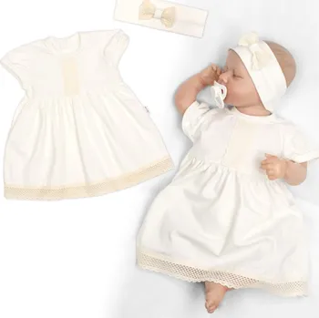 Kojenecká souprava Baby Nellys Luxusní šatičky s krajkou Sofia, krátkým rukávek + čelenka ,2D sada, smetanové Velikost: 68/74 (6-9m)