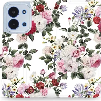 Pouzdro na mobilní telefon Flipové pouzdro Mobiwear - Xiaomi Poco C85 - MD01S Růže na bílé (Knížkové flip pouzdro, obal, kryt na mobil Xiaomi Poco C85 - MD01S Růže na bílé, materiál Umělá kůže + TPU - ochrana 360°, stojánek, silikonová vanička, magnetické zavírání)