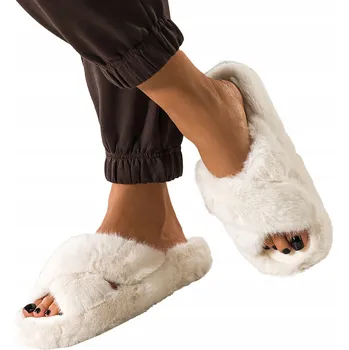 Dámská obuv PANTOFLE Dámské Ecru Kožešinové Domácí Obuv POHODLNÉ Pásky Překřížené vel. 40/41