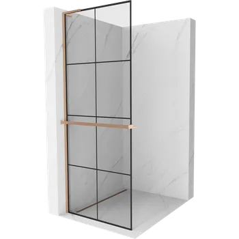 Mexen Kioto+ L sprchová stěna s policí Walk-in 70 x 200 cm, černá mřížka, kartáčovaná měď - 800-070-123-65-77 Sprchové stěny