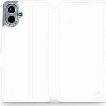 Pouzdro na mobilní telefon Flipové pouzdro Mobiwear - Samsung Galaxy A07 - Bílé a oranžové (Knížkové flip pouzdro, obal, kryt na mobil Samsung Galaxy A07 - Bílé a oranžové, materiál Umělá kůže + TPU - ochrana 360°, stojánek, silikonová vanička, magnetické zavírání)