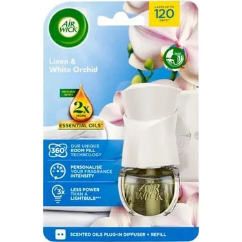 Aroma difuzér Air Wick Essential Oils Linen & White Orchid - Prádlo a orchidej elektrický osvěžovač vzduchu komplet 19 ml