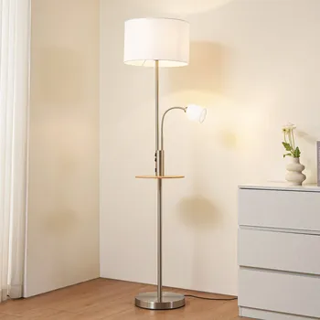 Lampička Lindby stojací lampa Aovan, niklová, odkládací plocha, USB port - Podstavec - Ø 30 cm, výška 4 cm; délka kabelu 200 cm; stůl - Ø 30 cm, horní hrana 74 cm; Ø stínidlo na lampu na čtení 9 cm nikl satén, krémově bílá, světlé dřevo 1 x 15 W LED E27 + 1 x 10 W