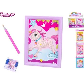 Výtvarná sada Unicorn sada lepení barevných kamínků do rámečku 18,5x14 cm - mix barev (fialový rámeček, růžový rámeček, modrý rámeček, žlutý rámeček)