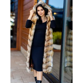 Dámská vesta Luxusní dlouhá vesta z pravé liščí kožešiny a pravé kůže s kapucí, VELIKOST M