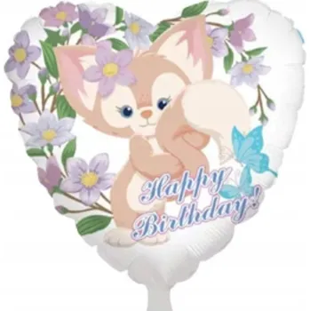 Balónek Fóliový balónek s bílým zvířátkem, květinami a nápisem "Happy Birthday"