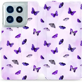 Pouzdro na mobilní telefon Flipové pouzdro Mobiwear - Motorola Moto G56 5G - VP76S Fialoví motýlci (Knížkové flip pouzdro, obal, kryt na mobil Motorola Moto G56 5G - VP76S Fialoví motýlci, materiál Umělá kůže + TPU - ochrana 360°, stojánek, silikonová vanička, magnetické zavírání)