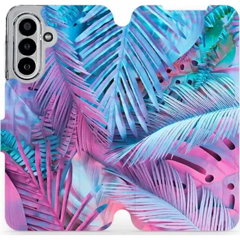 Pouzdro na mobilní telefon Flipové pouzdro Mobiwear - Samsung Galaxy A17 / A17 5G - MG10S Fialové a modré listy (Knížkové flip pouzdro, obal, kryt na mobil Samsung Galaxy A17 / A17 5G - MG10S Fialové a modré listy, materiál Umělá kůže + TPU - ochrana 360°, stojánek, silikonová)