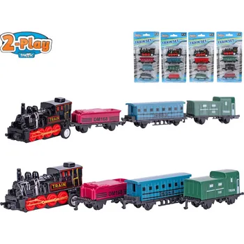 Vláček a vláčkodráha 2-Play Traffic lokomotiva 7 cm kov s vagóny 3 ks 6-7 cm zpětný chod - mix variant či barev