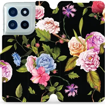 Pouzdro na mobilní telefon Flipové pouzdro Mobiwear - Motorola Moto G56 5G - VD07S Růže a květy na černém pozadí (Knížkové flip pouzdro, obal, kryt na mobil Motorola Moto G56 5G - VD07S Růže a květy na černém pozadí, materiál Umělá kůže + TPU - ochrana 360°, stojánek, silikonová)