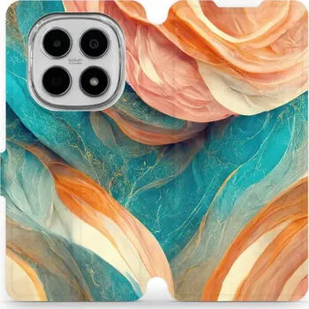 Pouzdro na mobilní telefon Flipové pouzdro Mobiwear - Xiaomi Redmi Note 15 5G - VP36S Azurový a oranžový mramor (Knížkové flip pouzdro, obal, kryt na mobil Xiaomi Redmi Note 15 5G - VP36S Azurový a oranžový mramor, materiál Umělá kůže + TPU - ochrana 360°, stojánek, silikonová)