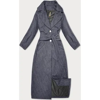 Dámský kabát Tmavě modrý dlouhý pruhovaný dámský kabát s páskem S'West (B8542-26) odstíny modré M (38)