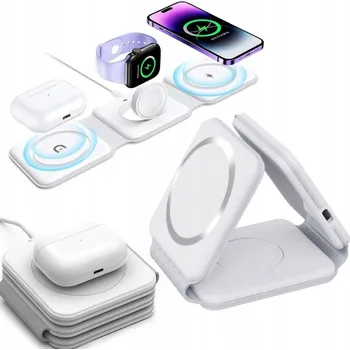 Indukční nabíječka 3v1 bílá 15W USB typ C Qi