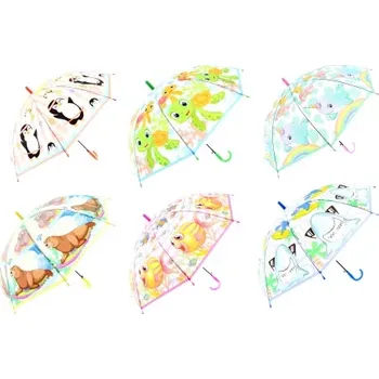 Deštník Dětský vystřelovací deštník s veselými zvířátky, průhledný kupolový
