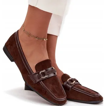Dámské mokasíny Dámské mokasíny loafers s ozdobným prvkem, plochý podpatek, čokoládové, velikost 38