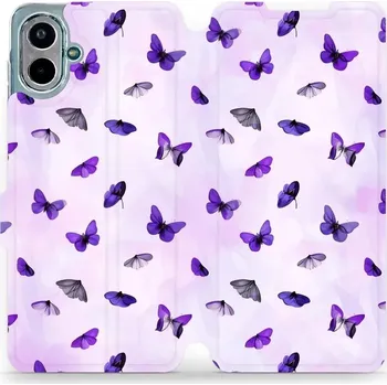 Pouzdro na mobilní telefon Flipové pouzdro Mobiwear - Samsung Galaxy A07 - VP76S Fialoví motýlci (Knížkové flip pouzdro, obal, kryt na mobil Samsung Galaxy A07 - VP76S Fialoví motýlci, materiál Umělá kůže + TPU - ochrana 360°, stojánek, silikonová vanička, magnetické zavírání)