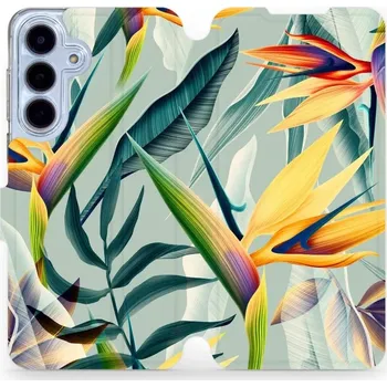 Pouzdro na mobilní telefon Flipové pouzdro Mobiwear - Samsung Galaxy S25 FE - MC02S Žluté velké květy a zelené listy (Knížkové flip pouzdro, obal, kryt na mobil Samsung Galaxy S25 FE - MC02S Žluté velké květy a zelené listy, materiál Umělá kůže + TPU - ochrana 360°, stojánek,)