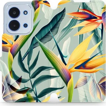 Pouzdro na mobilní telefon Flipové pouzdro Mobiwear - Xiaomi Poco C85 - MC02S Žluté velké květy a zelené listy (Knížkové flip pouzdro, obal, kryt na mobil Xiaomi Poco C85 - MC02S Žluté velké květy a zelené listy, materiál Umělá kůže + TPU - ochrana 360°, stojánek, silikonová vaničk