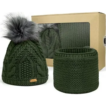 Čepice Bontis Dárkové balení: Dámská čepice s bambulí a nákrčník - Olivová