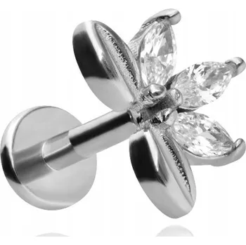 Náušnice Labret piercing – kytička s bílými zirkony, stříbrný, helix, lobe, conch, 1,2/6