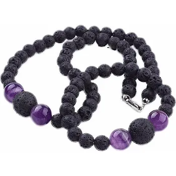 Drahý kámen Lávový kámen náhrdelník a náramek s ametystem cca 45 cm